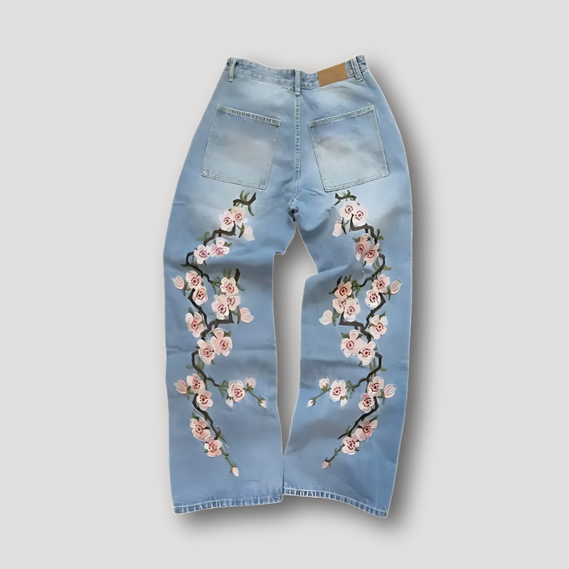 Cherry Blossoms Floral Embroidery Straight Leg Denim Jeans