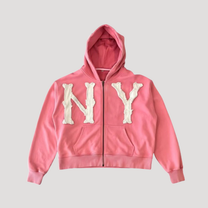 New York Streetwear Embroidered Zip-Up Hoodie