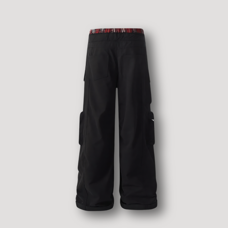 Classic Red Plaid Waistband Cargo Black Pants