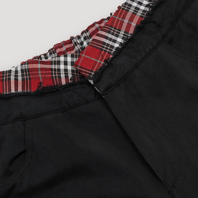 Classic Red Plaid Waistband Cargo Black Pants