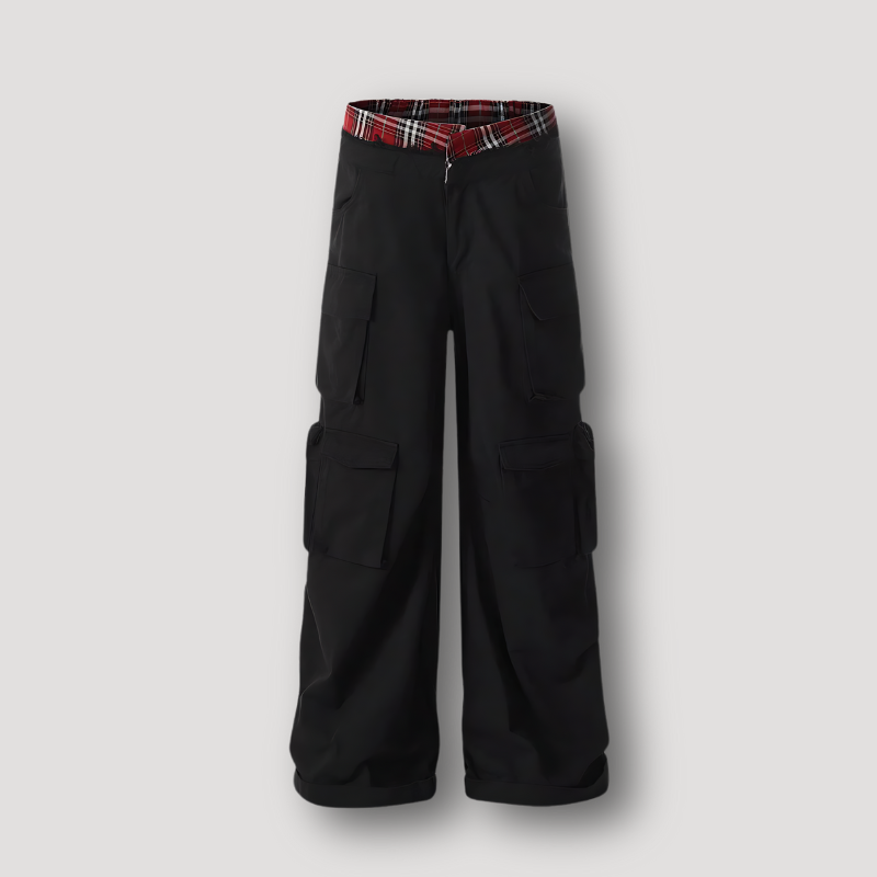 Classic Red Plaid Waistband Cargo Black Pants