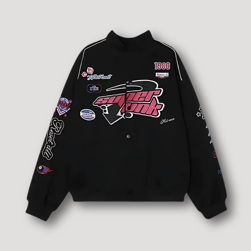 Retro Racing Embroidery Patches Black Bomber Jacket