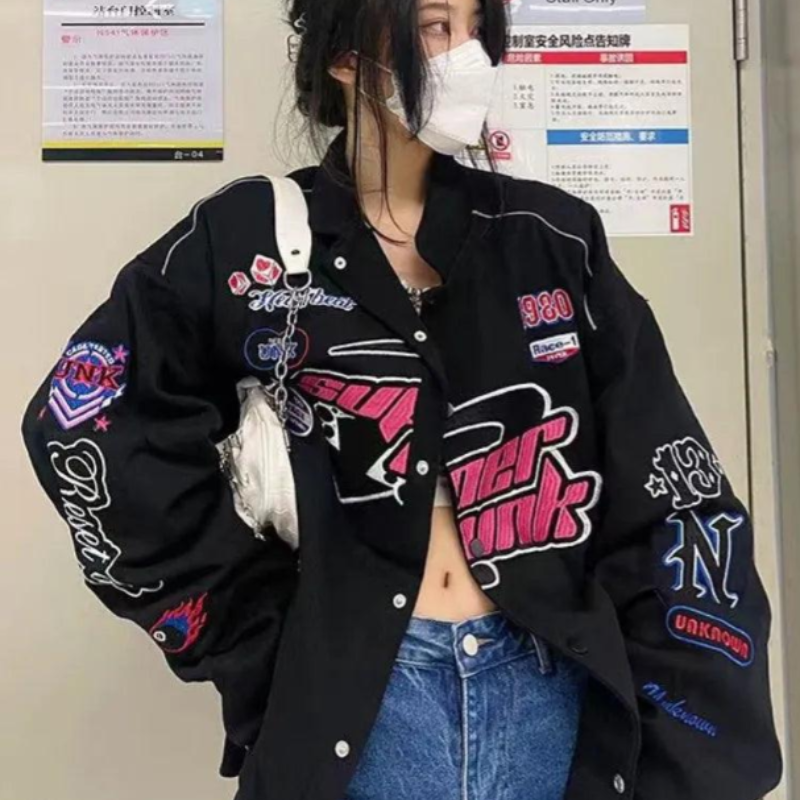 Retro Racing Embroidery Patches Black Bomber Jacket