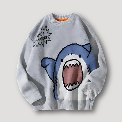 Cartoon Shark Print Vintage Style Winter Sweater