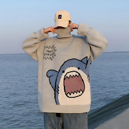 Cartoon Shark Print Vintage Style Winter Sweater