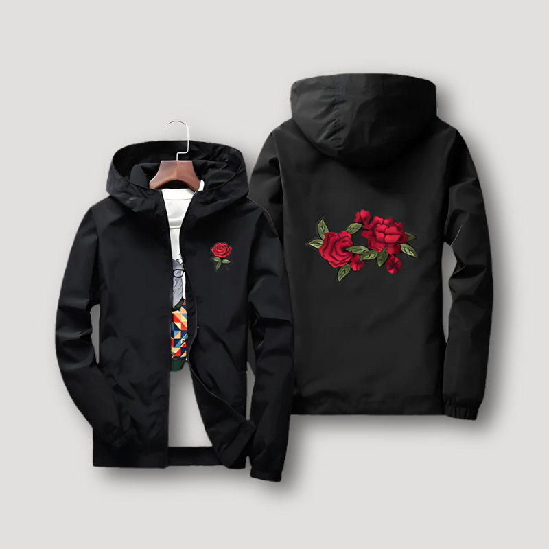 Floral Embroidered Rose Zip Up Hooded Jacket