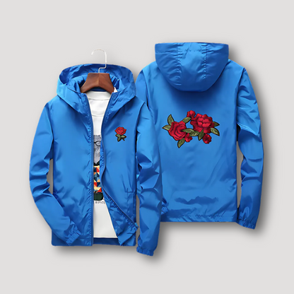 Floral Embroidered Rose Zip Up Hooded Jacket