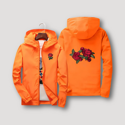 Floral Embroidered Rose Zip Up Hooded Jacket