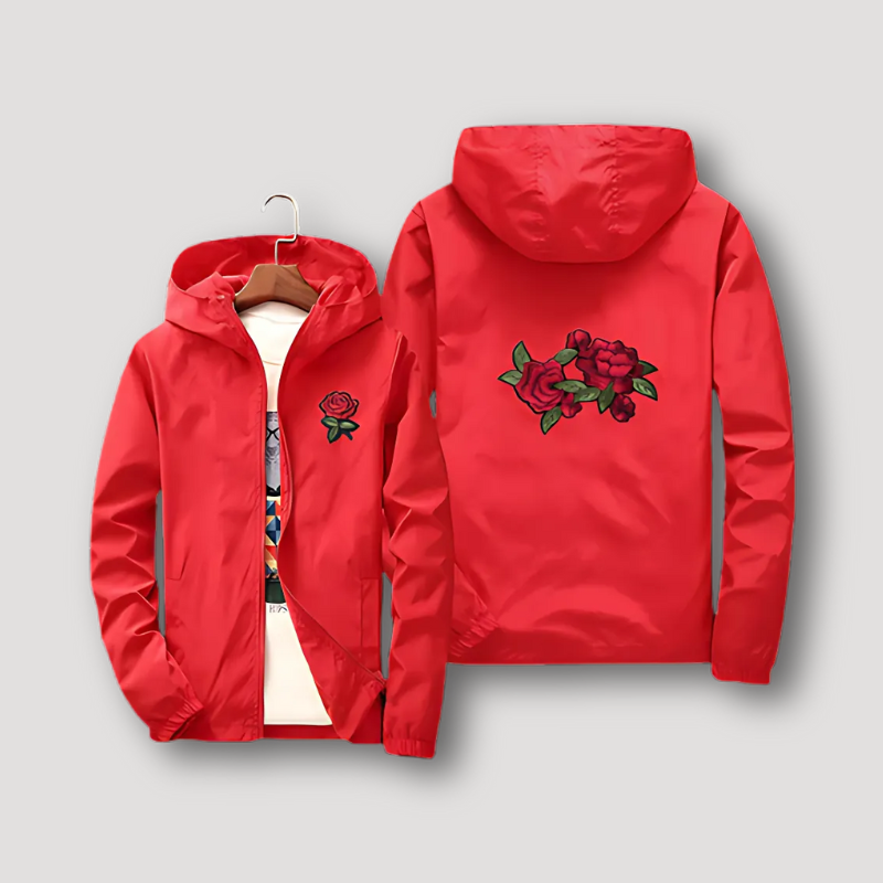 Floral Embroidered Rose Zip Up Hooded Jacket