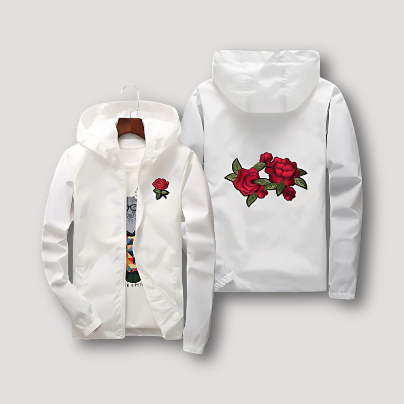 Floral Embroidered Rose Zip Up Hooded Jacket