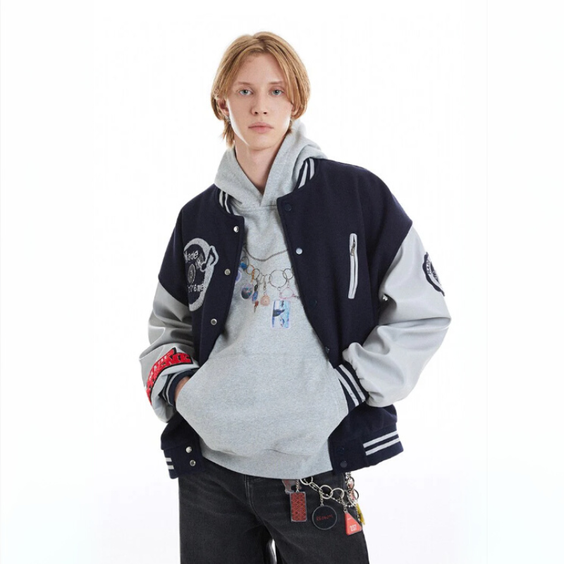 Color Contrast Embroidered Patchwork Varsity Jacket