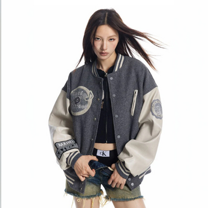 Color Contrast Embroidered Patchwork Varsity Jacket