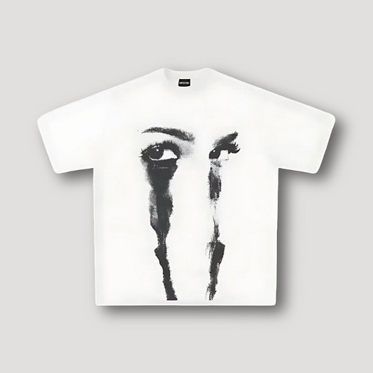 Monochromatic Tear Eyes 'Disappear' Dropped Shoulders White T-shirt