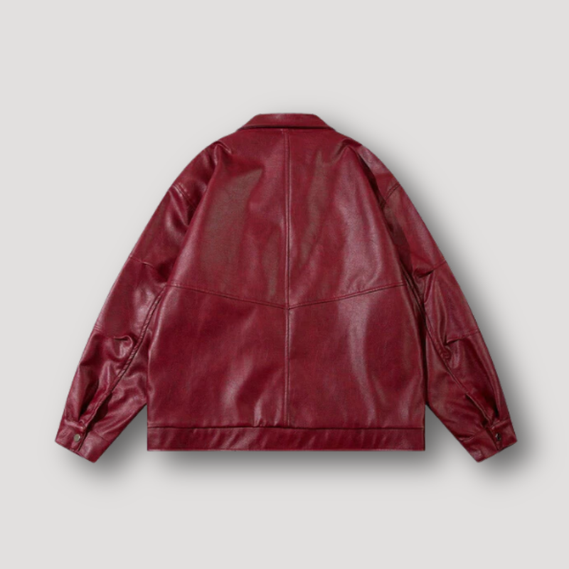 Trendy Minimalist Oversized Boxy Leather Burgundy Jacket