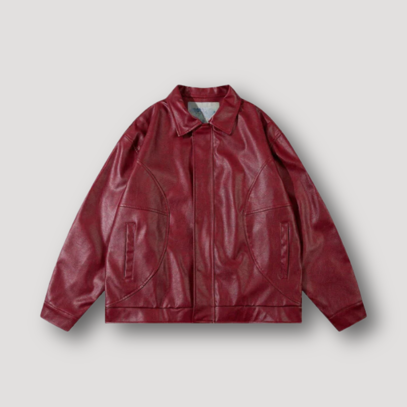 Trendy Minimalist Oversized Boxy Leather Burgundy Jacket