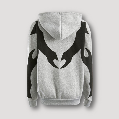 Zip-Up Grey Abstract Graphic Print Relaxed Fit Hoodie