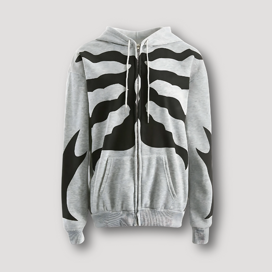 Zip-Up Grey Abstract Graphic Print Relaxed Fit Hoodie