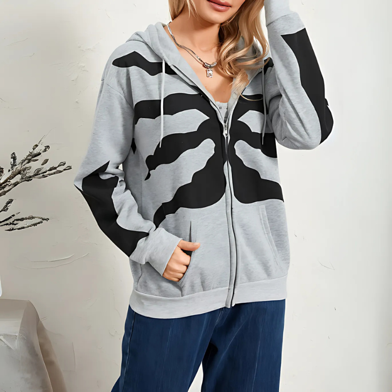 Zip-Up Grey Abstract Graphic Print Relaxed Fit Hoodie