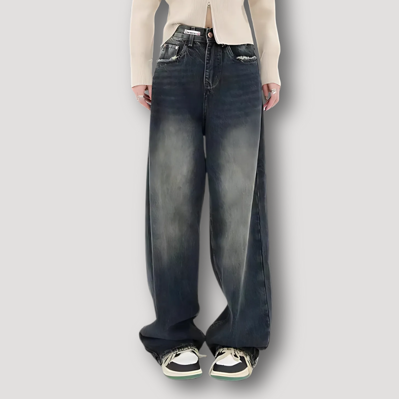 Dark Washed Y2K Aesthetic High Waist Wide Leg Denim Jeans