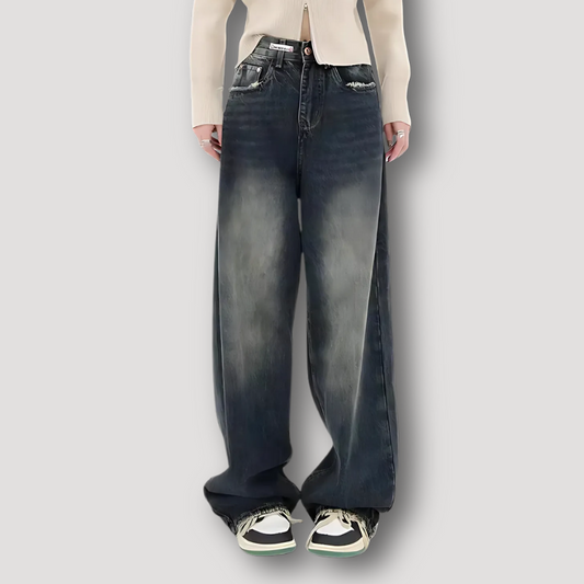 Dark Washed Y2K Aesthetic High Waist Wide Leg Denim Jeans