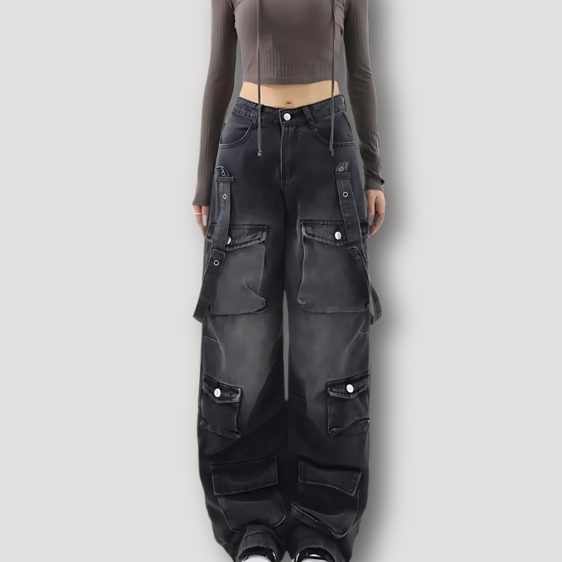 Dark Wash Belted Y2K Baggy Style Cargo Denim Jeans