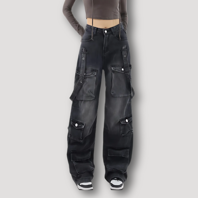 Dark Wash Belted Y2K Baggy Style Cargo Denim Jeans