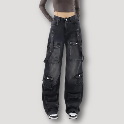 Dark Wash Belted Y2K Baggy Style Cargo Denim Jeans