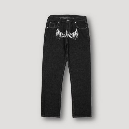 Vintage Dark Black Skull Graphics Denim Jeans