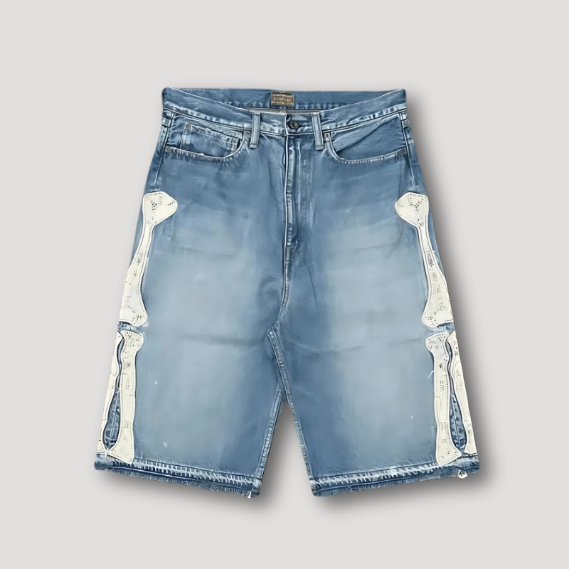 Skeleton Patchwork Straight Leg Denim Jorts