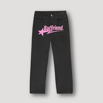 Statement 'Badfriend' Graphic Mid Rise Straight Leg Jeans