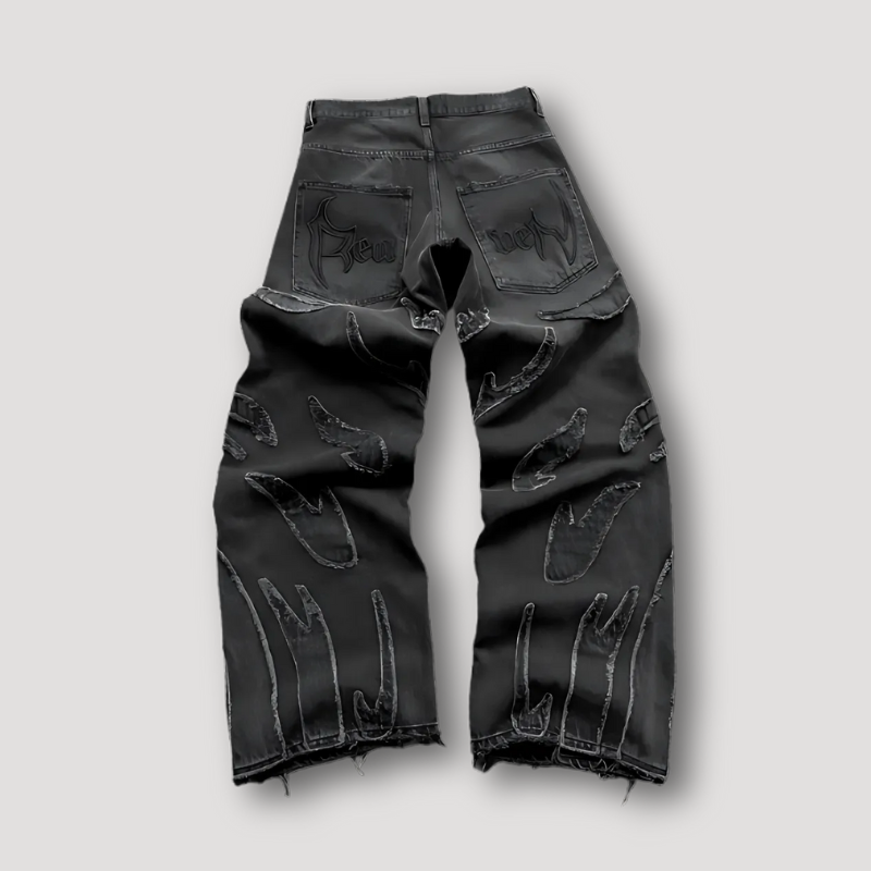 Baggy Oversized Flame Patchwork Design Washed Black Jeans