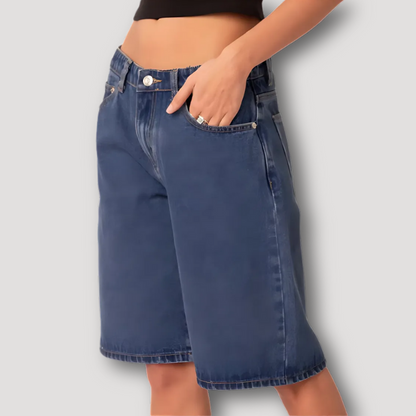 Straight Leg Washed Faded Denim Bermuda Jorts for Women