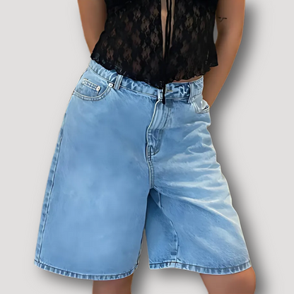 Straight Leg Washed Faded Denim Bermuda Jorts for Women