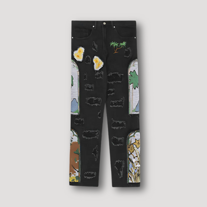 Nature Embroidered Patches Ripped Straight Leg Denim Jeans