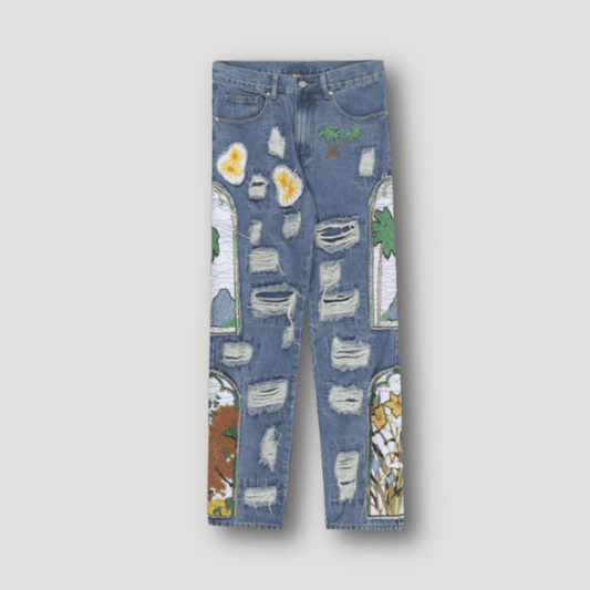 Nature Embroidered Patches Ripped Straight Leg Denim Jeans