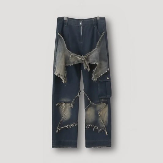 Star Cut Out Distressed Frayed Dark Washed Denim