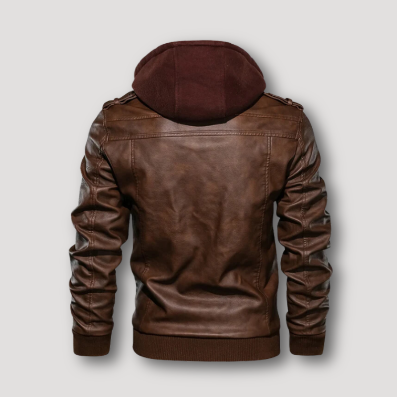 Brown Detachable Hood Zip Up Leather Jacket