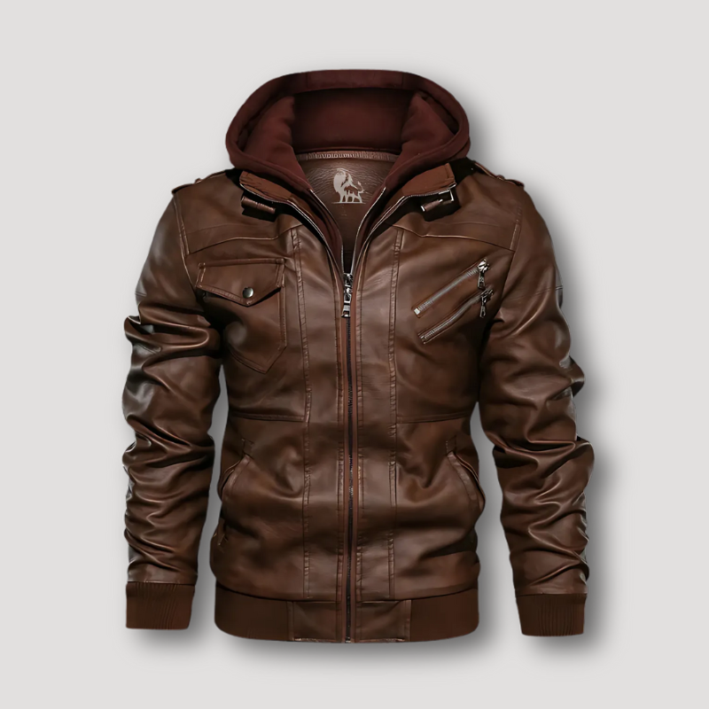 Brown Detachable Hood Zip Up Leather Jacket