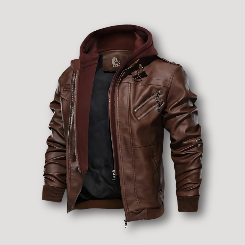 Brown Detachable Hood Zip Up Leather Jacket