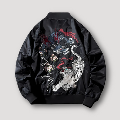 Mythical Dragon and Tiger Embroidered Bomber Jacket