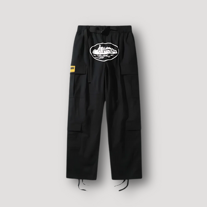 Naval Graphic Print Wide Leg Black Cargo Pants