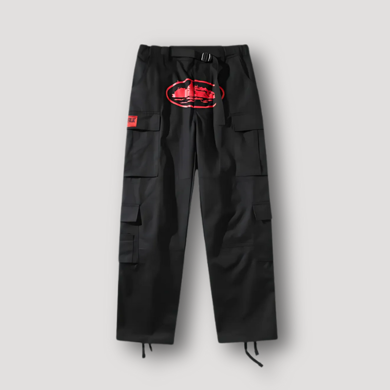 Naval Graphic Print Wide Leg Black Cargo Pants