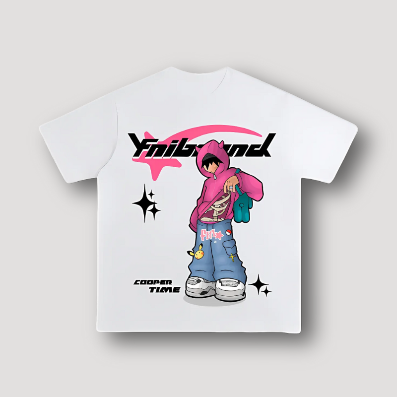 Pink Hoodie Street Guy Graphic Cartoon Print T-Shirt